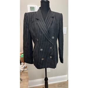 Vintage 1980 Women Cinched Blazer Double Breasted Linen Stripe Shoulder Pads 8P